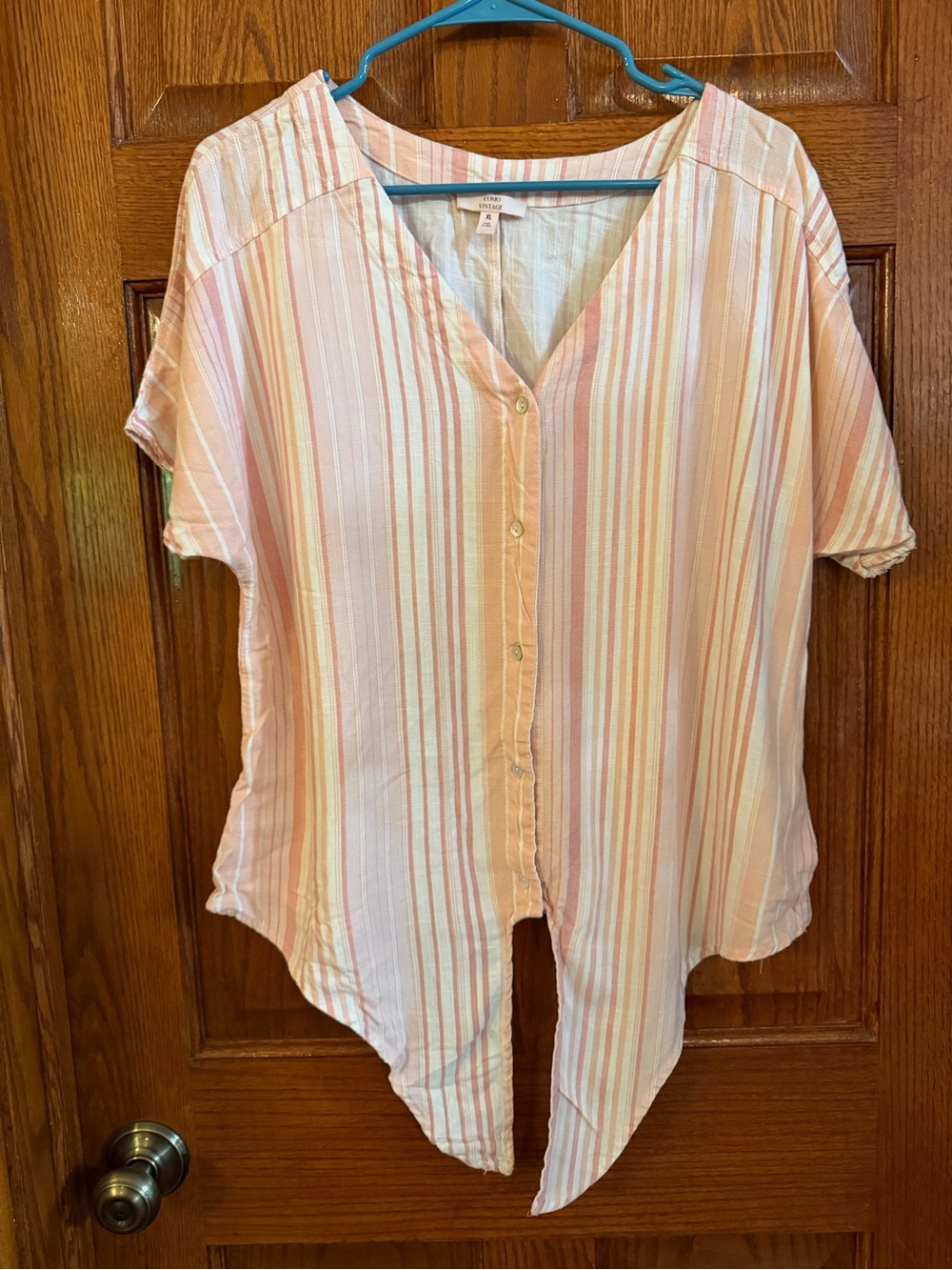 Como Vintage XL Peach & White Striped Linen Blend Button/Tie Front Blouse